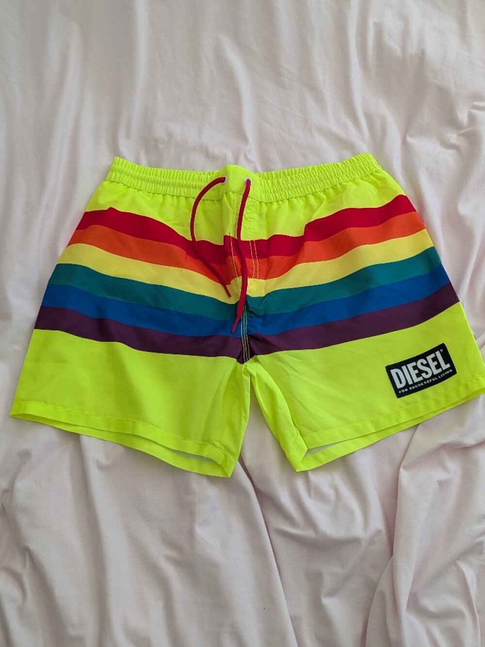 Diesel Neon Yellow Rainbow Stripe Swim Trunks M